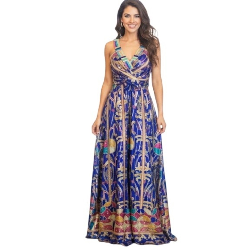 Nicole Miller Royal Blue Multicolor Sequin Maxi Gown